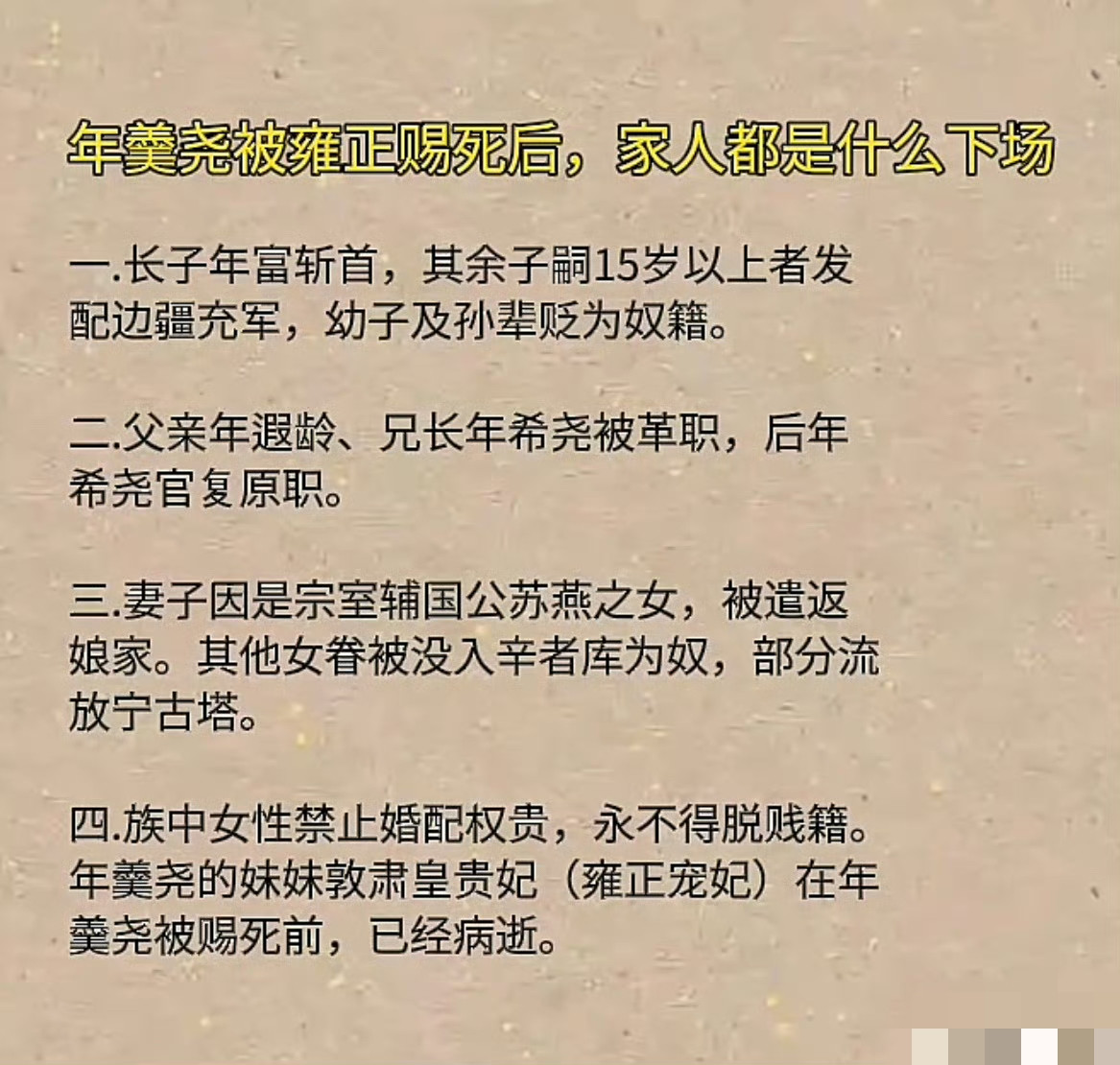 一张图看明白年羹尧被雍正赐死后，家人都是什么样的下场。[打脸][打脸]