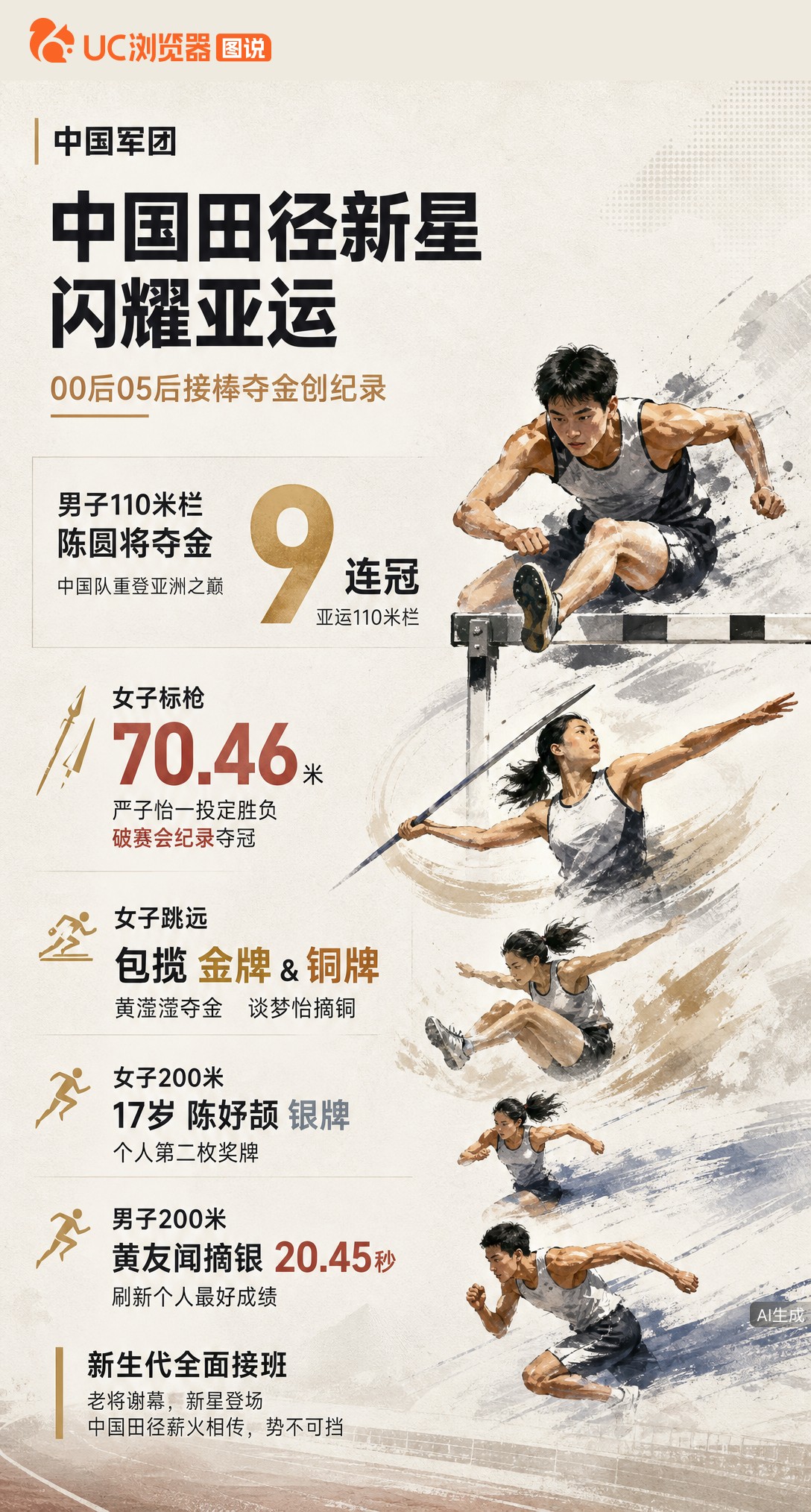 名古屋亚运田径夜，00后05后集体接班！陈圆将110米栏夺金助中国队重登巅峰，严子怡标枪70米46破