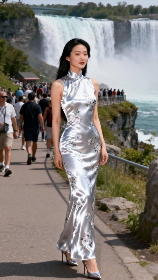 身穿白色真丝缎旗袍裙女子国外瀑布前留影。旗袍旗袍裙