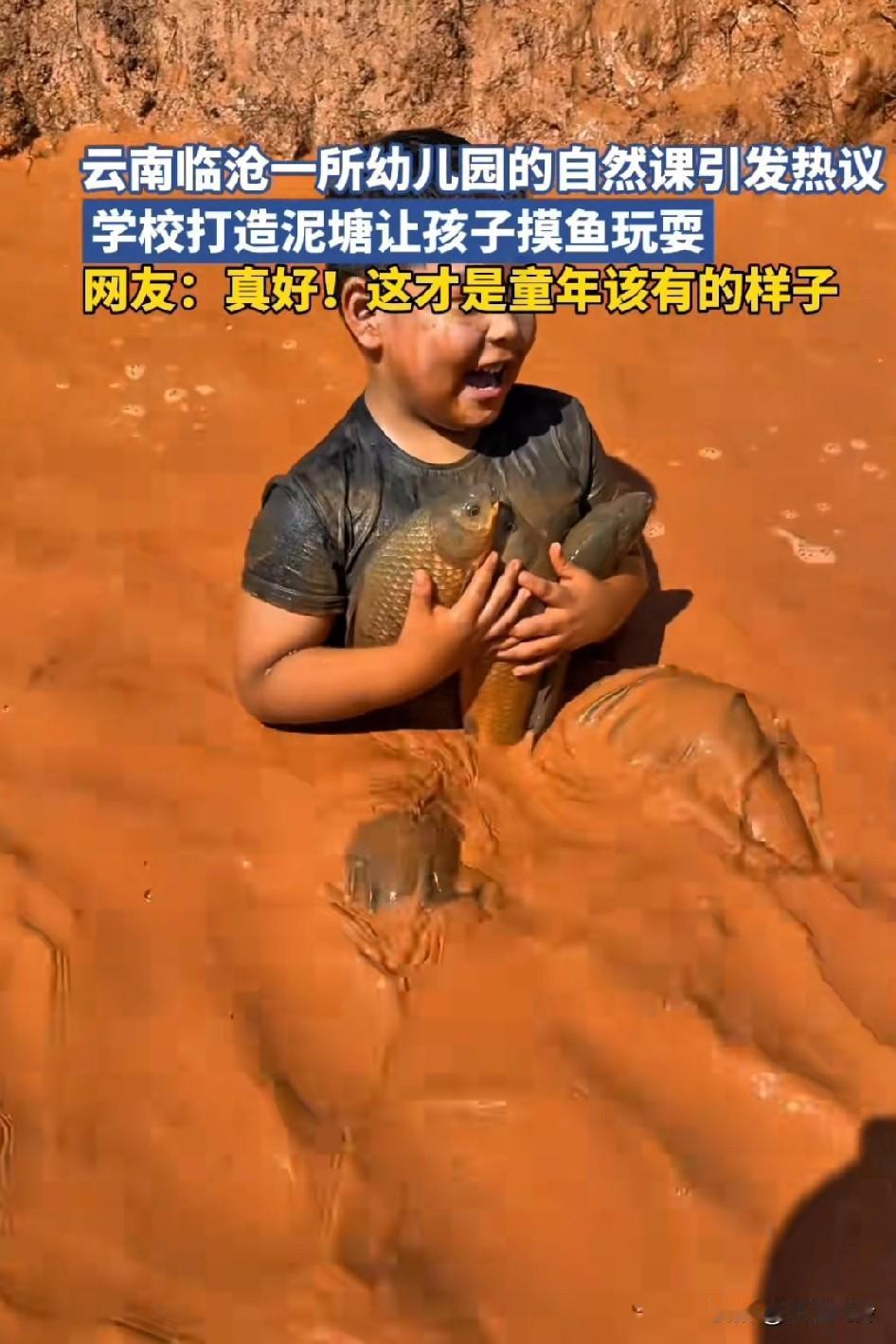 云南幼儿园都在玩什么?学校打造了一个泥塘让孩子们摸鱼,这些孩子肯定没过敏这个幼