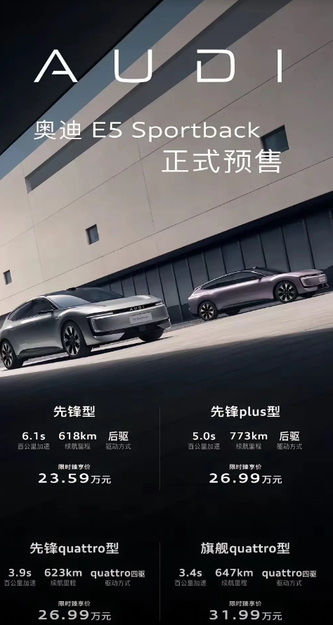 奥迪品牌的纯电车，售价只有23万，唯一的缺点就是没有奥迪四个圈车标！你买