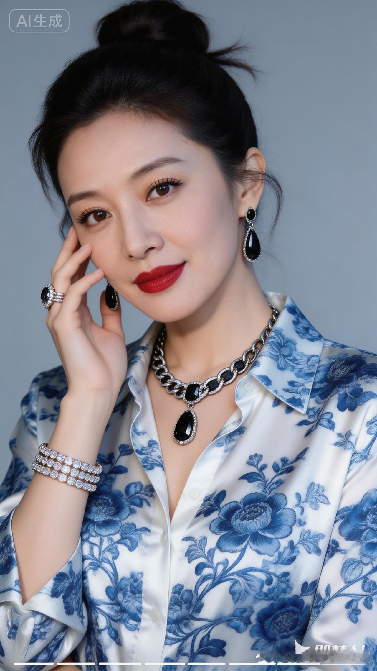 优雅蓝花衬衫，复古珠宝搭配，尽显女性魅力！