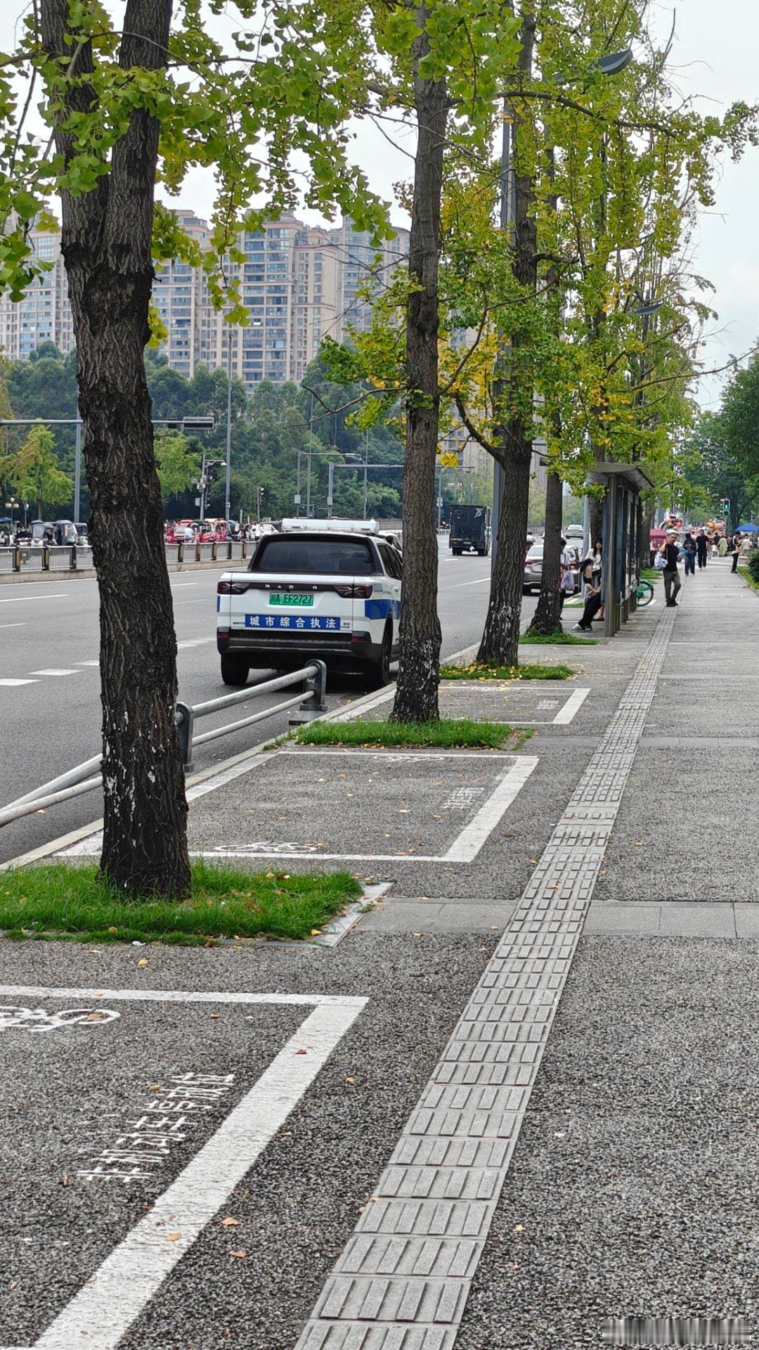 这边人行横道路都没有了，旁边不远处就是城管在非机动车道乱停乱放，非常和谐的一幕，我们大家一起乱，为天