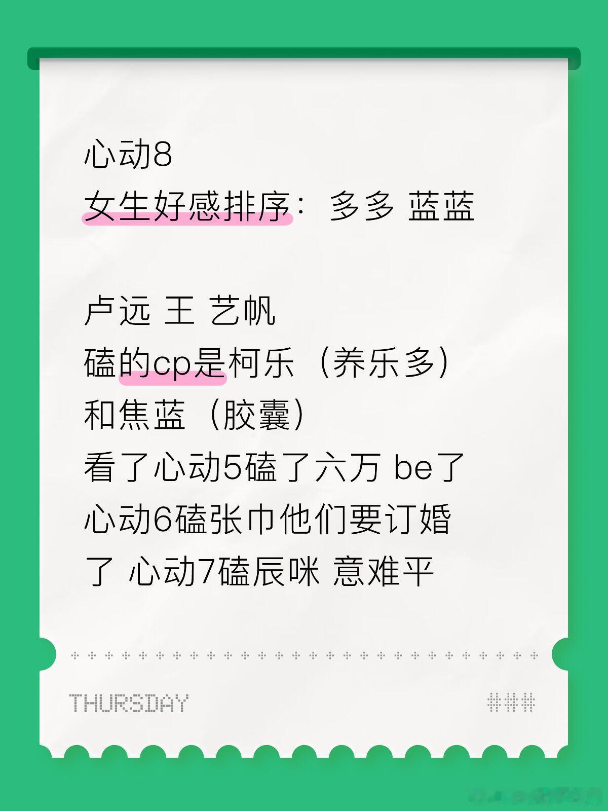心动的信号心动8女生好感排序：多多蓝蓝卢远王𤤴艺帆磕的cp是柯乐