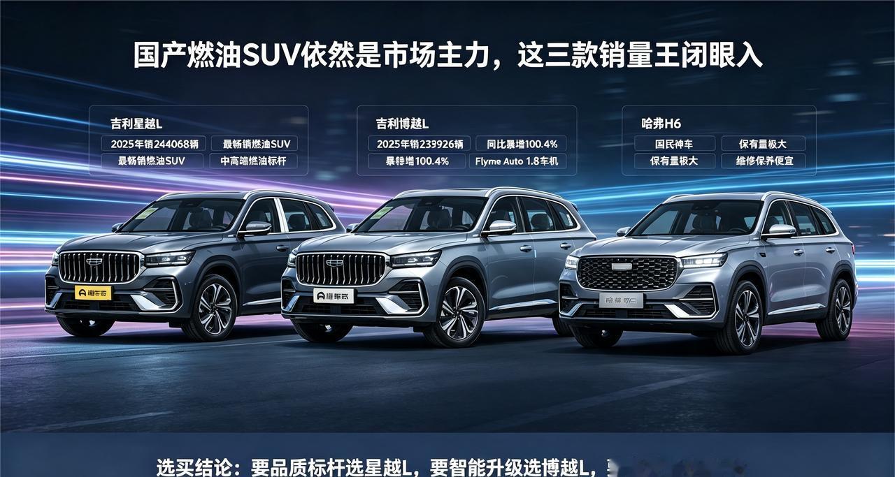国产燃油SUV依然是市场主力，这三款销量王闭眼入。吉利星越L——2025年销2