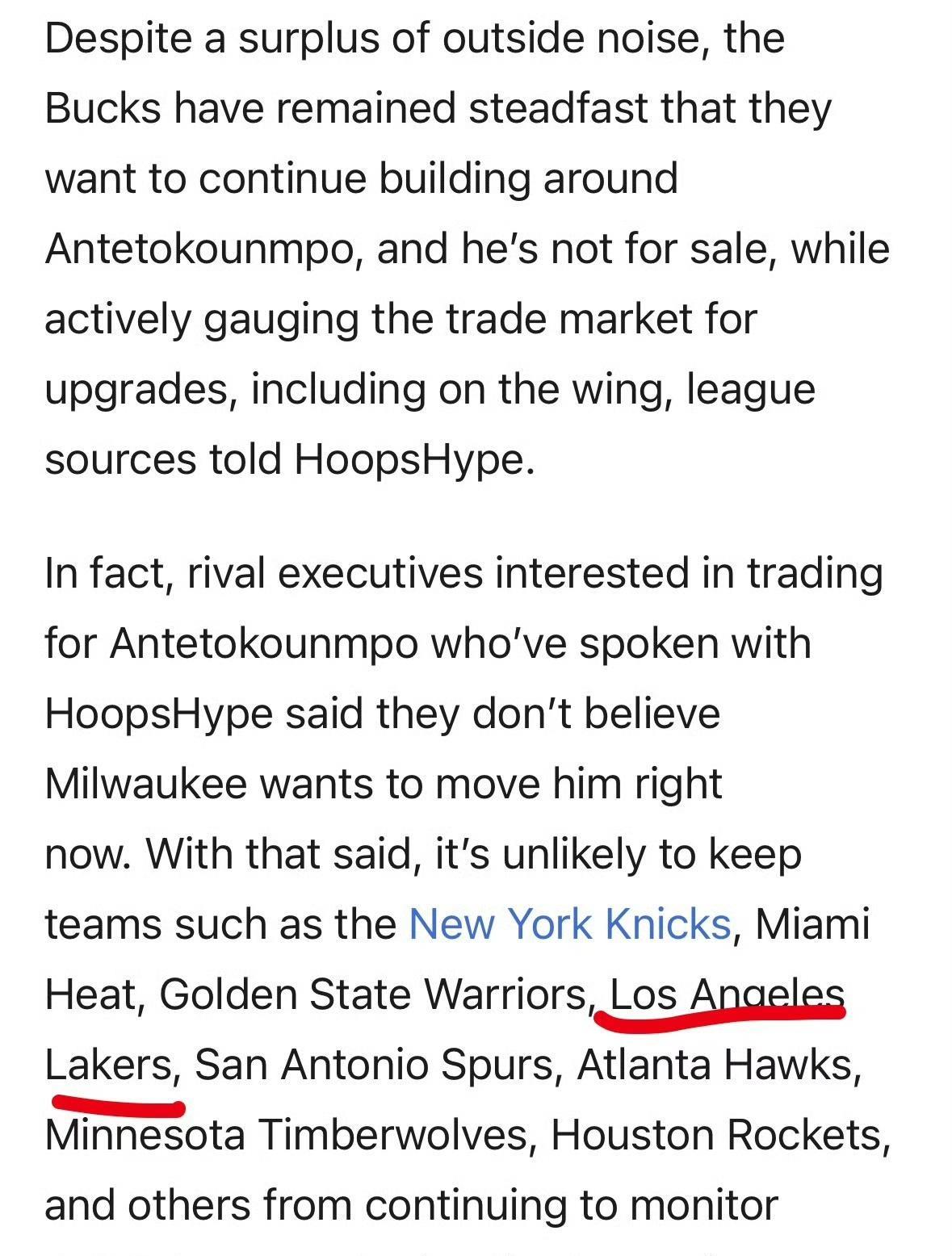 Scotto：那些有意通过交易得到字母哥的其他球队管理层人员在接受采访时也表示，