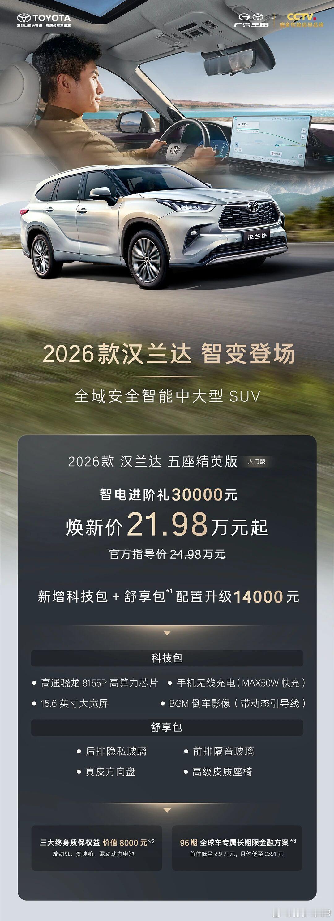 2026款汉兰达五座精英版入门版，焕新价21.98万元起加1.4万可以升级真