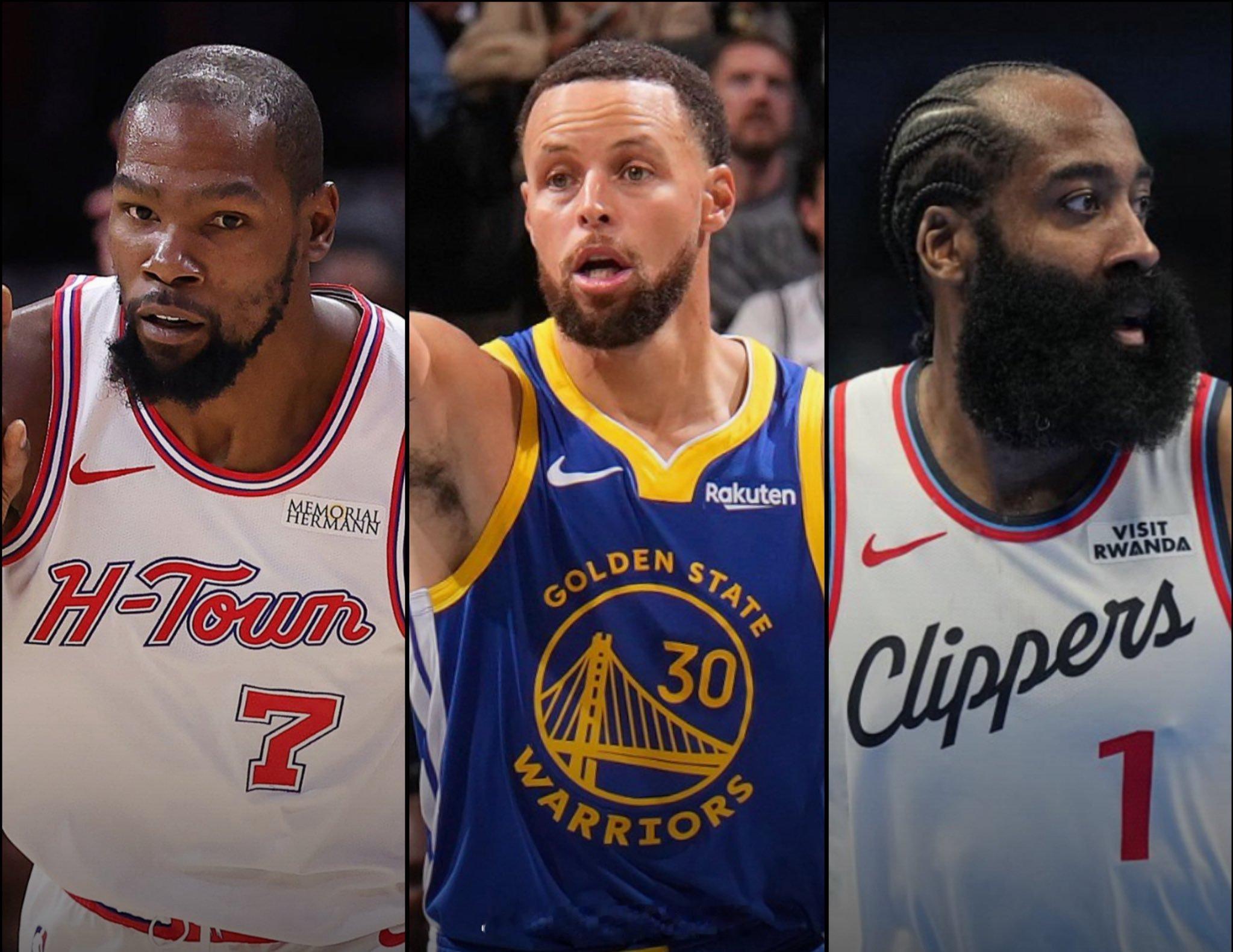 杜兰特、库里和哈登有望成为NBA历史上年龄最大的三人组，在单赛季中场均得分达到或