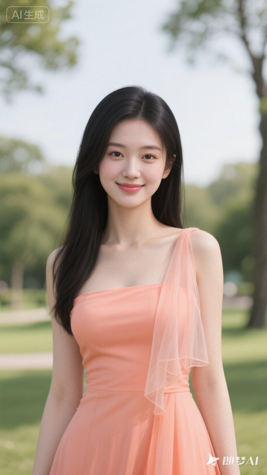 夏日清新少女，橙色连衣裙，微笑面对镜头，公园里的一抹亮色。