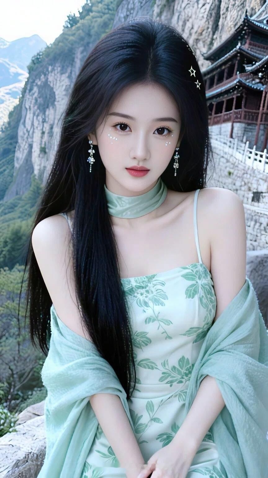 仙气飘飘的少女，置身于山水之间，宛如画中人。