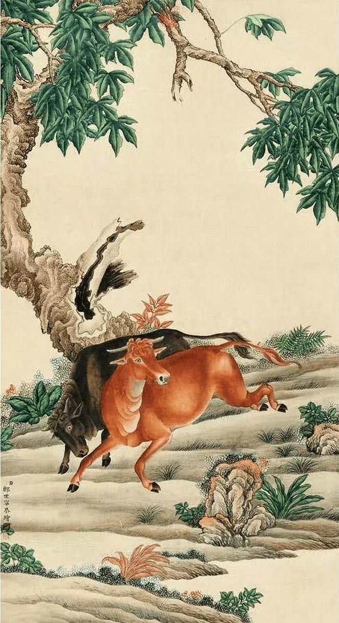 清郎世宁《溪山瑞兽图》四条屏。画中分别描绘了四种瑞兽成双成对，分别是熊、象、狮