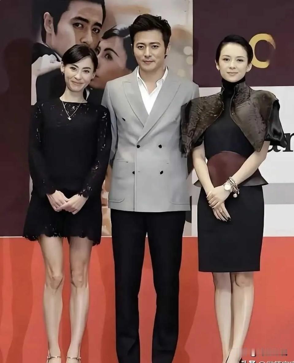 仔细看，左边是细眉飞扬、秀韵多姿的张柏芝，右边的是温婉如莲的章子怡，而中间这位帅