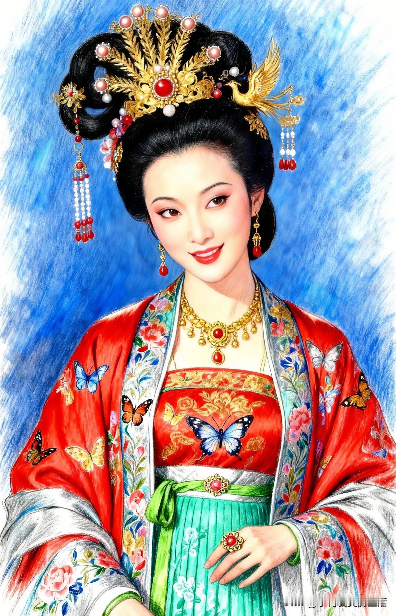 红衣美人笑，金冠映日红。