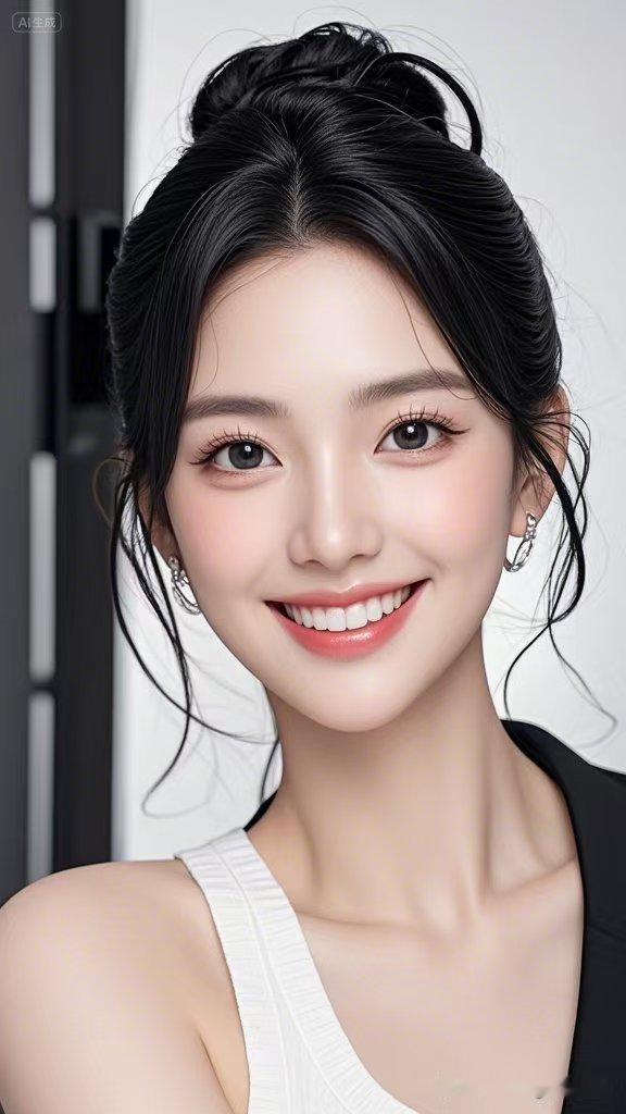 小姐姐高挽的头发利落又不失优雅，露出修长的脖颈，显得气质超绝。白色T恤干净纯粹，