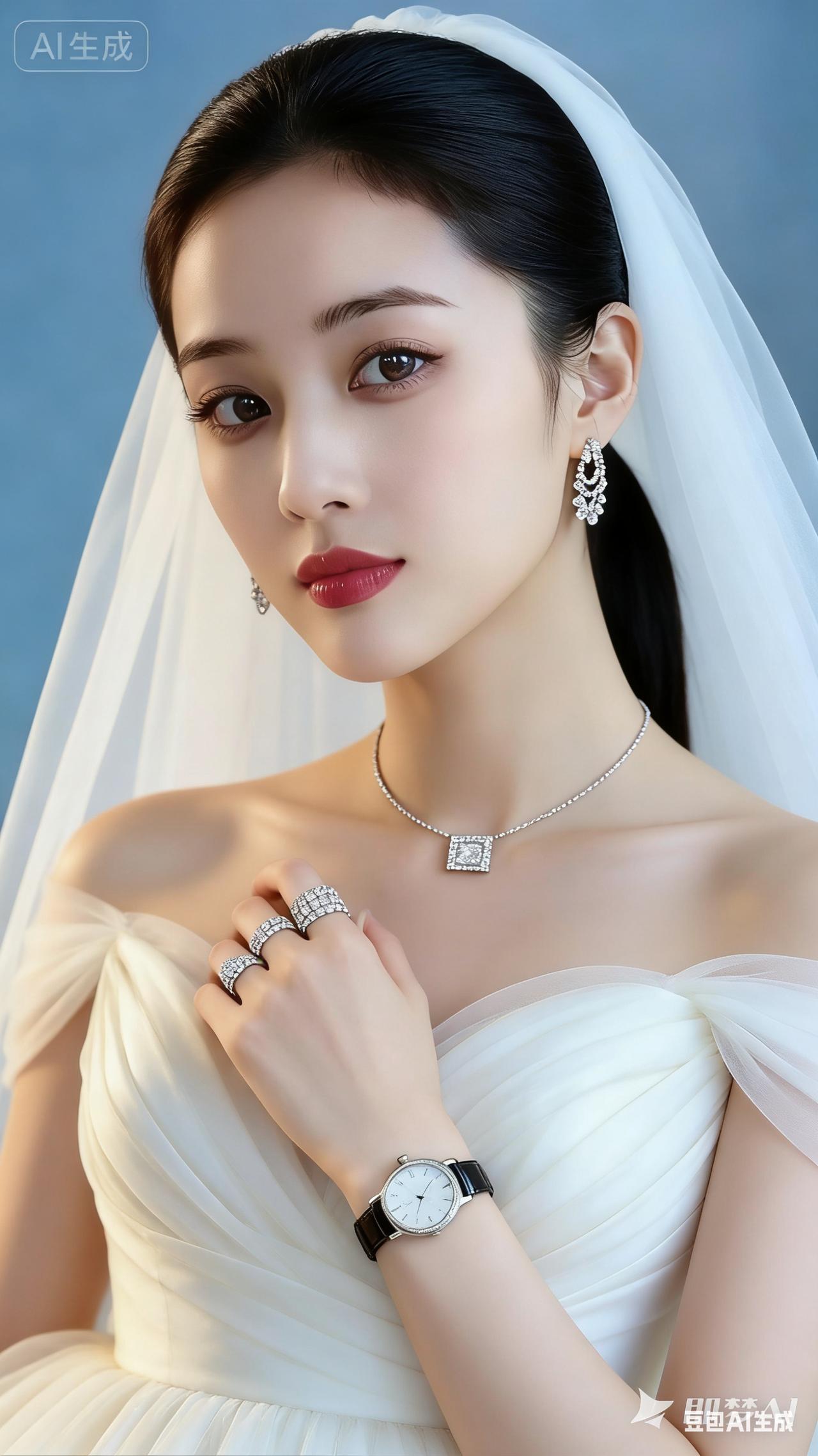 优雅的新娘造型，闪耀的珠宝，完美呈现婚礼的浪漫与精致。