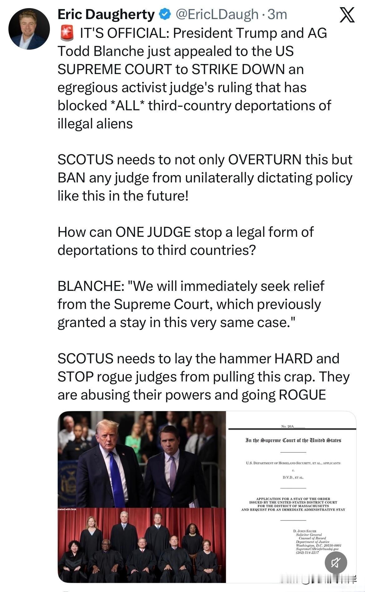 官宣：川普总统与司法部长ToddBlanche刚刚向美国最高法院提起上诉，要求