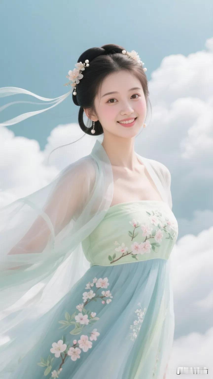 仙气飘飘的汉服少女，云间漫步，美如画卷。张立启原创书画AI作品古仕女发髻集锦首发
