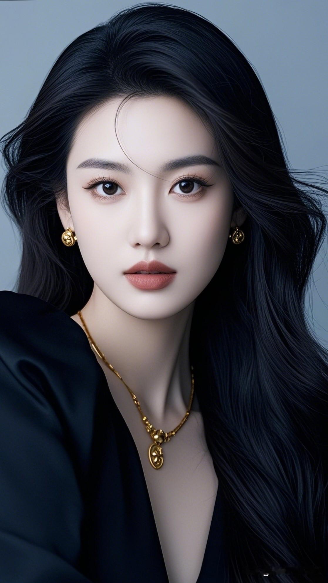 优雅黑发美人，金色项链与耳环点缀，尽显高贵气质。什么样的穿搭可以成为气质女神?