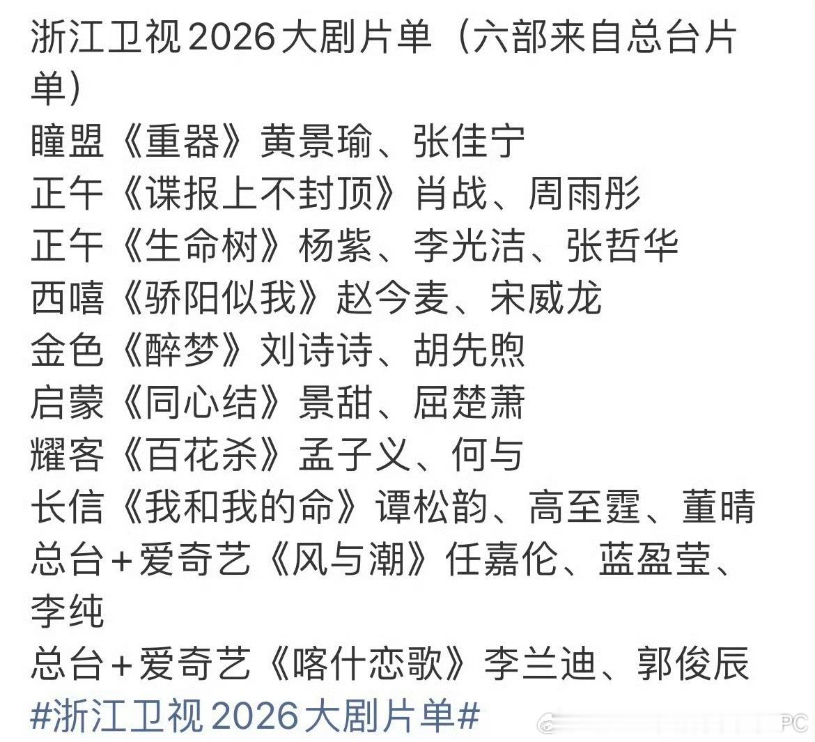 浙江卫视2026大剧片单《重器》黄景瑜、张佳宁《谍报上不封顶》肖战、周雨彤《生命