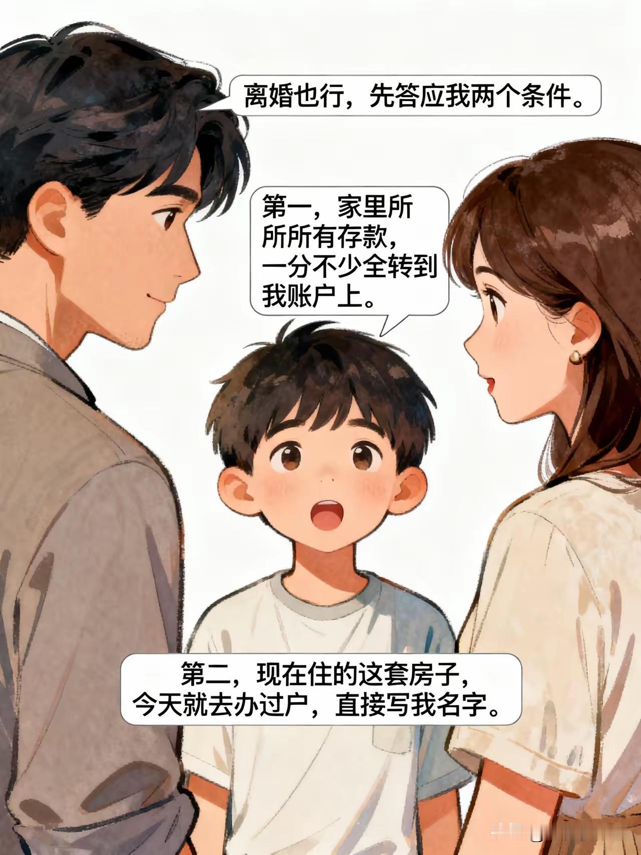 爸爸有外遇要和妈妈离婚，儿子对爸爸说：“你和妈妈离婚可以，但是我有条件。”爸爸问