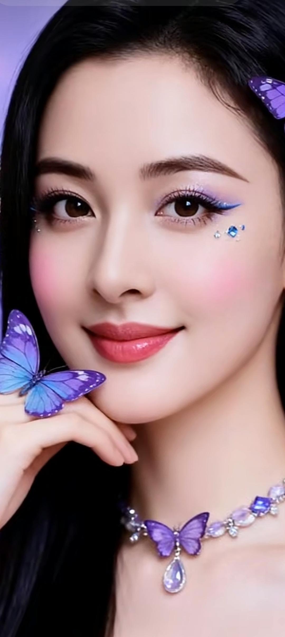 梦幻紫色蝴蝶，甜美妆容，精致项链，少女心满满！🦋💖✨