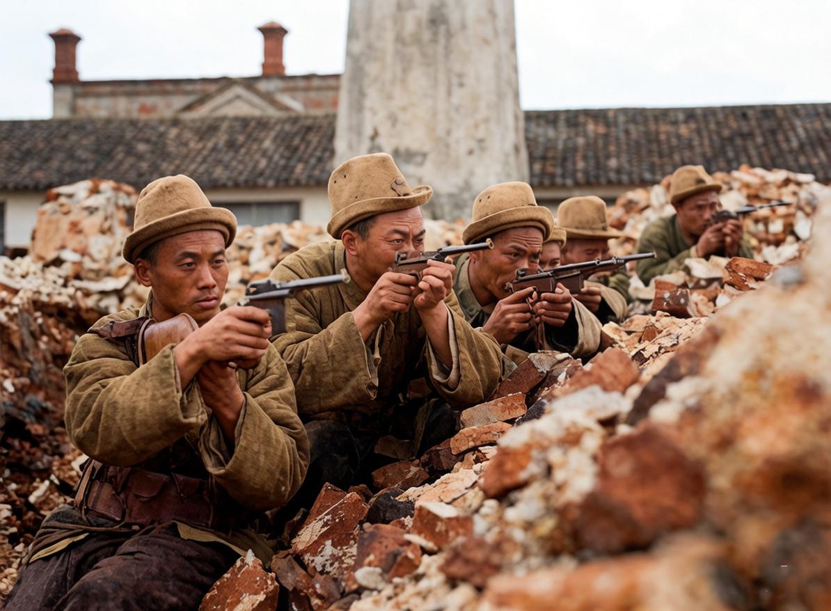 北洋时期，孙传芳麾下的“五省联军”士兵正趴在建筑的废墟中射击，人手一把毛瑟C9