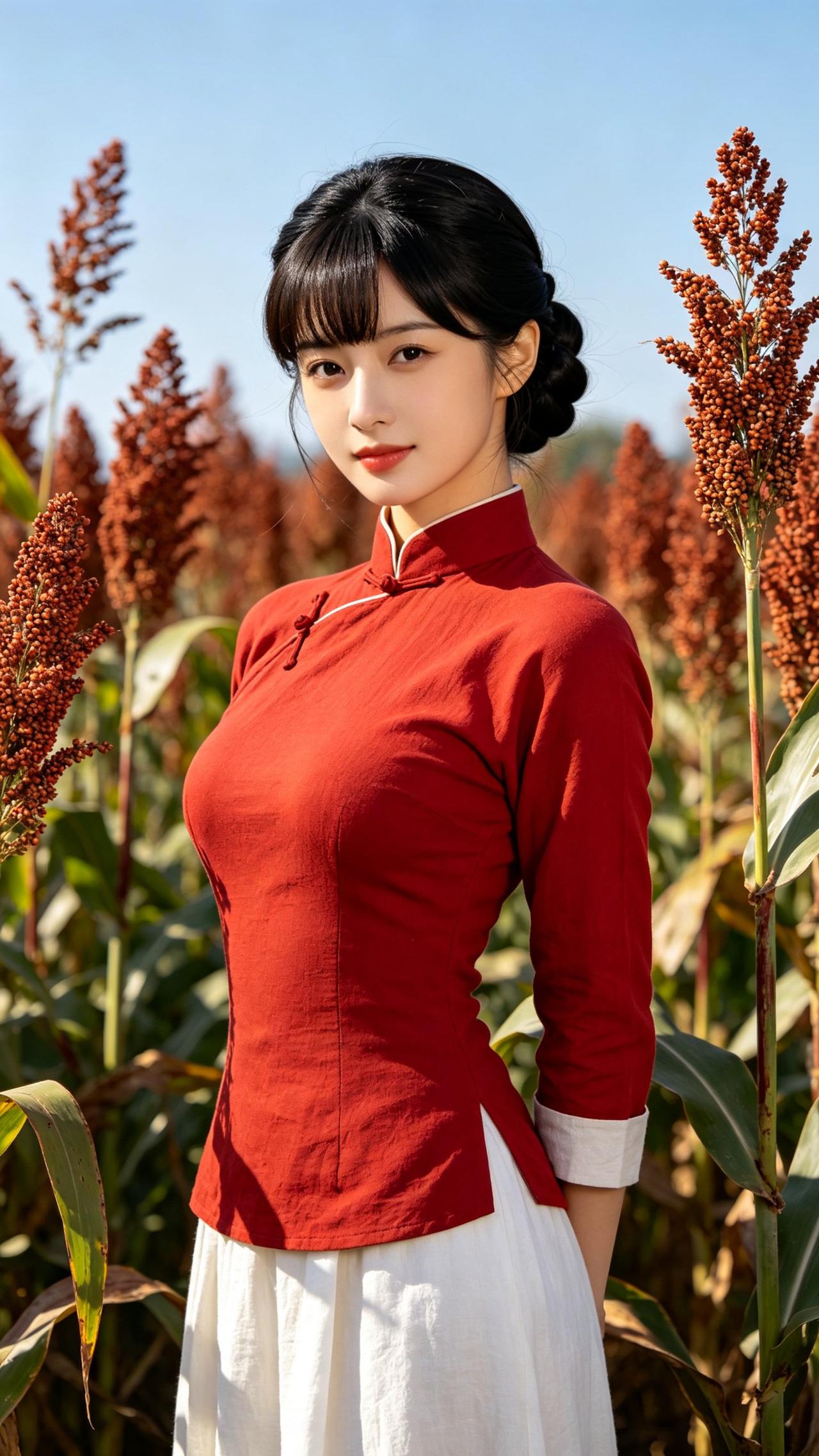 红衣少女在红高粱地中，古风韵味十足！
