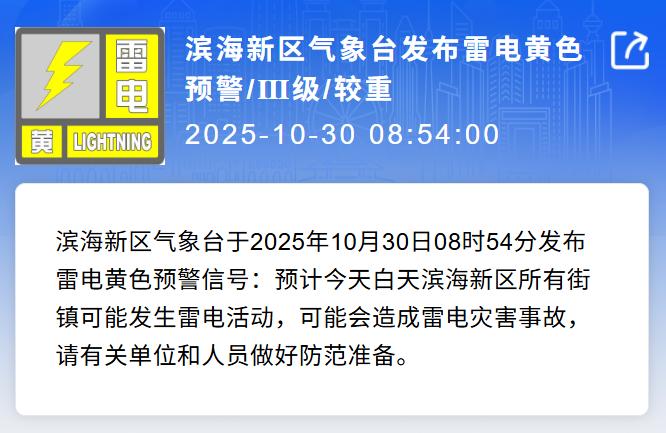 最新！天津一区发雷电黄色预警！滨海新区气象台于2025年10月30日08时5