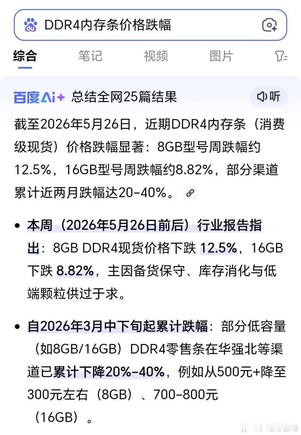 存储芯片玩不下去了？都在说大幅降价！近期DDR4内存条（消费级现货）价格跌幅显著