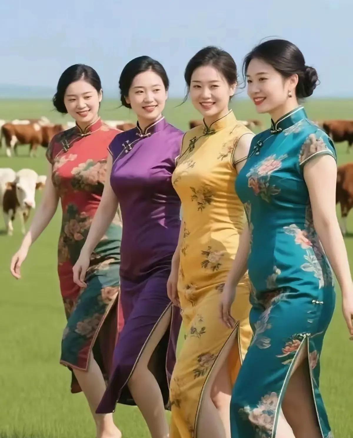 繁花四色缀旗袍，笑语随风过碧霄。牧笛牛羊添野趣，红颜映草更娇娆。