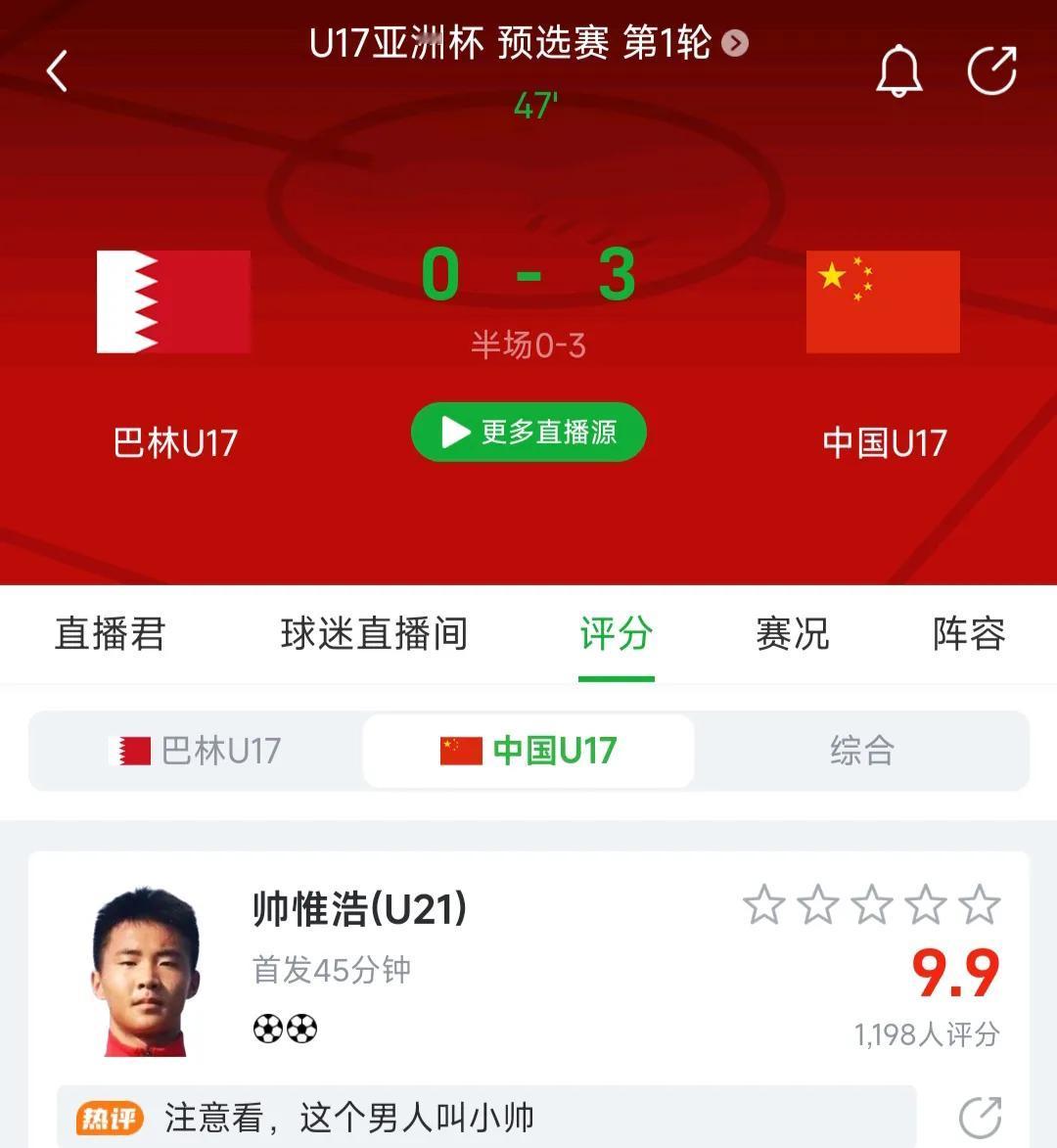 3-0领先！董路带过的这批U16国足小将确实不是浪得虚名的啊。这场对阵巴林队的