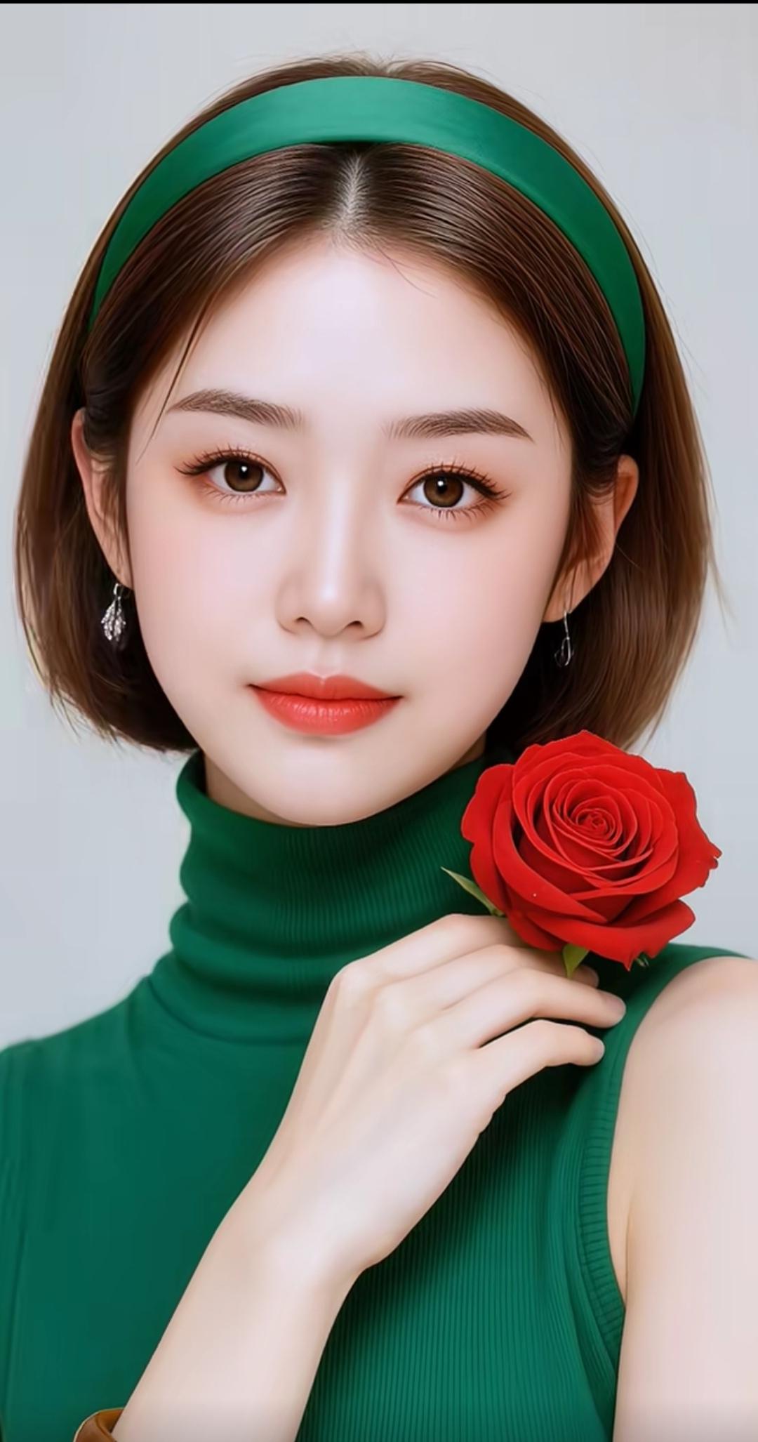 甜美红玫瑰，绿色头带搭配，清新自然！高雅气质美女美女人像群