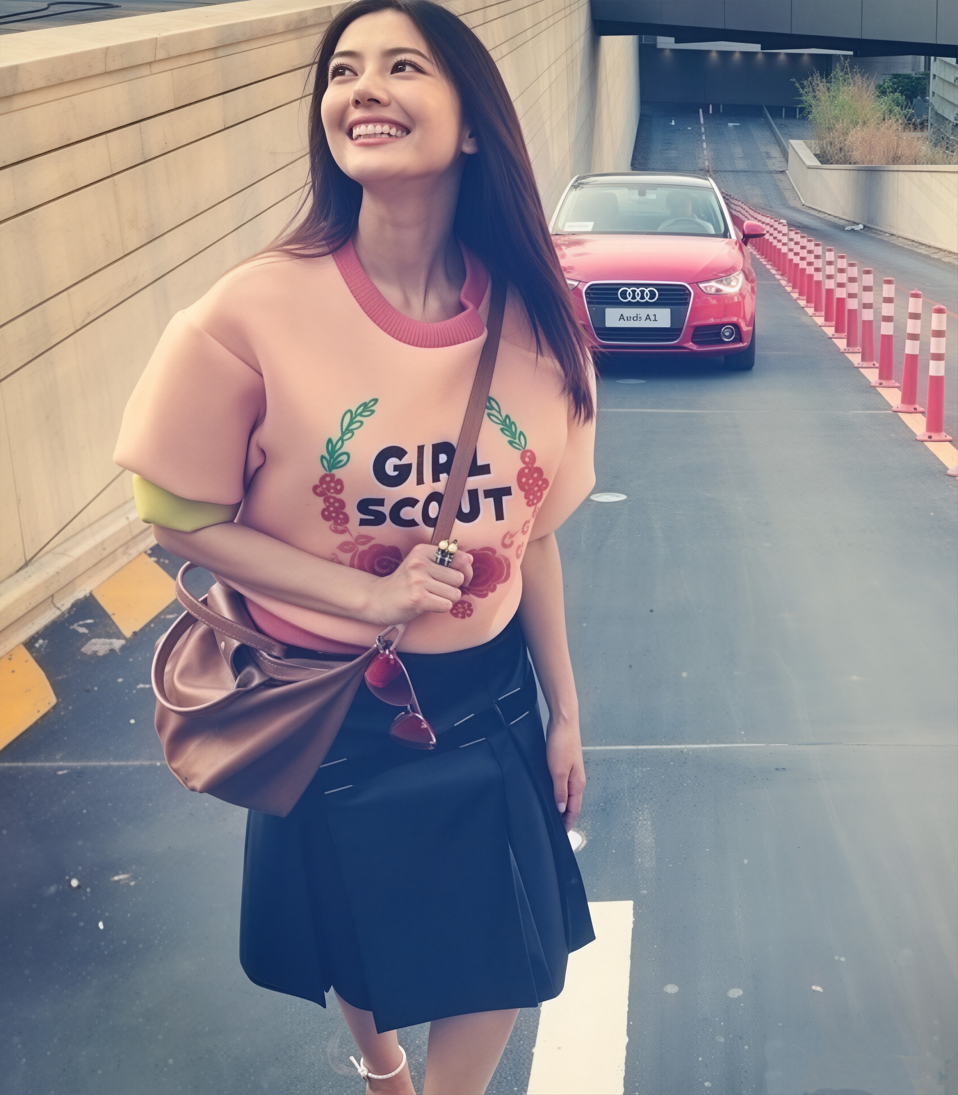 高圆圆这一身粉衣黑裙的元气穿搭，像极了汉马赛道上迎着樱花奔跑的跑者✨。明媚笑容