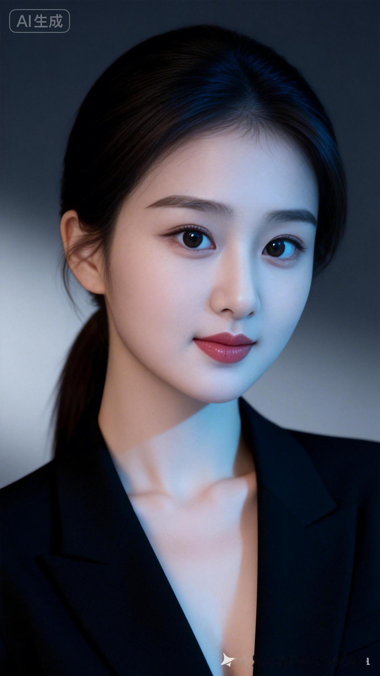 黑衫女子肤白秀丽，黑发黑丝柔顺，大眼双眼皮灵动，高挺精致鼻梁配樱桃小口，高贵典雅