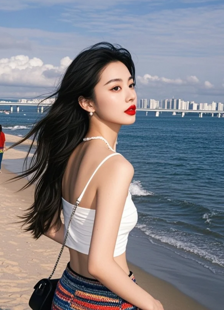 绝色美女海边仰望天空，温柔而坚定