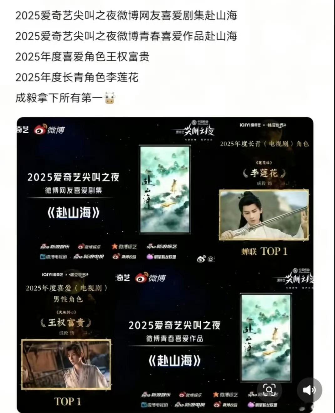 成毅哥不在江湖，但江湖仍有哥的传说🎉恭喜成毅在爱奇艺尖叫之夜斩获多个第一