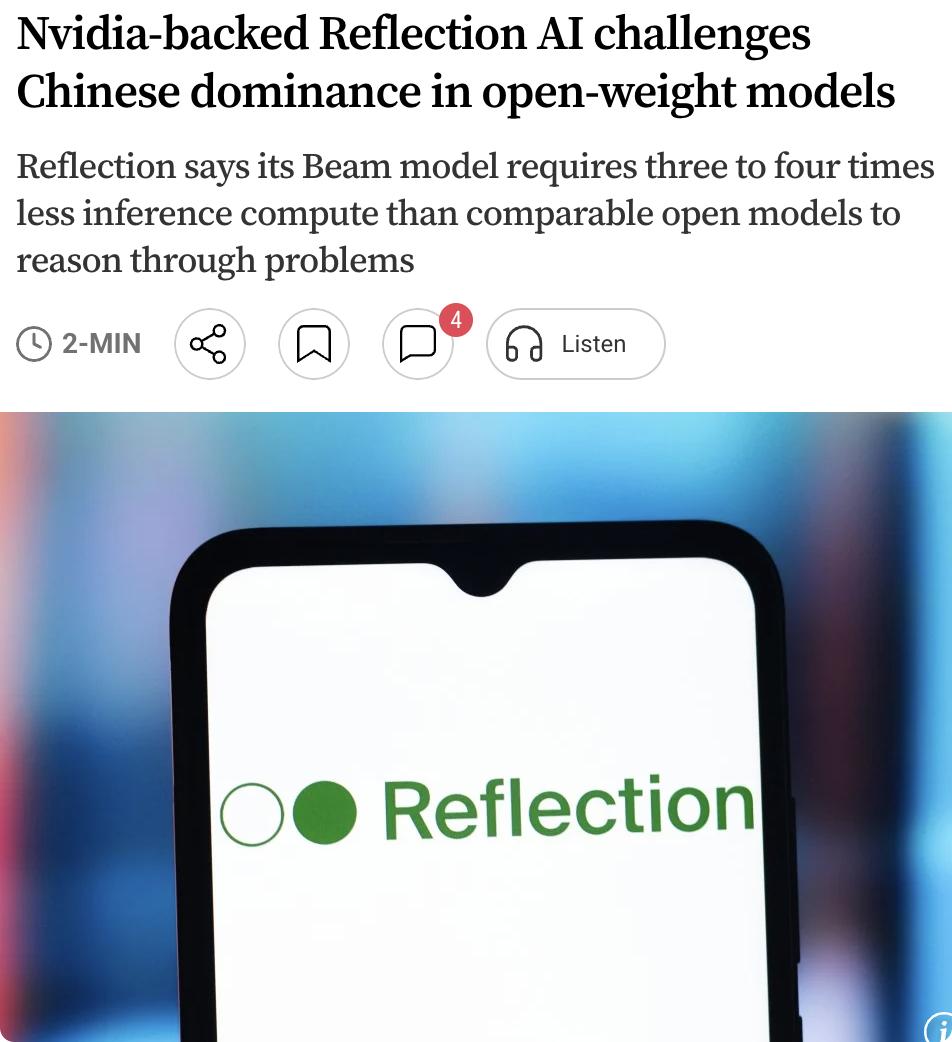 外媒：美国初创公司ReflectionAI发布了开源权重模型Beam，目
