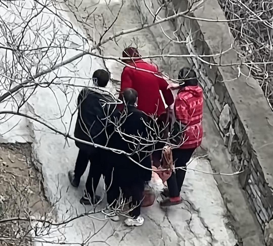 4个人抬着一个老人送去养老院，老人明显不愿意，边走边挣扎。但似乎都没用，他（她）