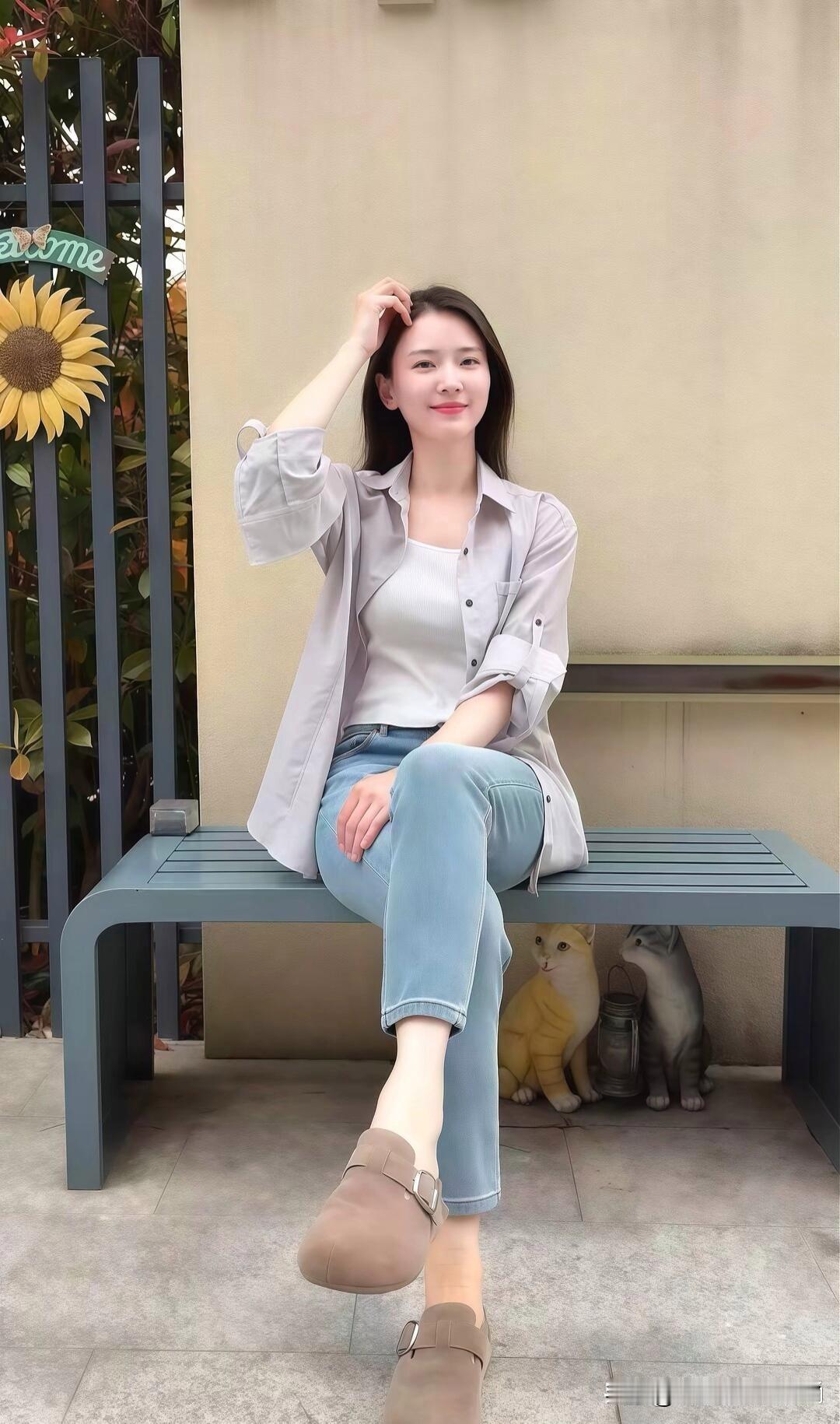 简约风穿搭，浅蓝色牛仔裤搭配白色上衣和灰色衬衫，清新自然。