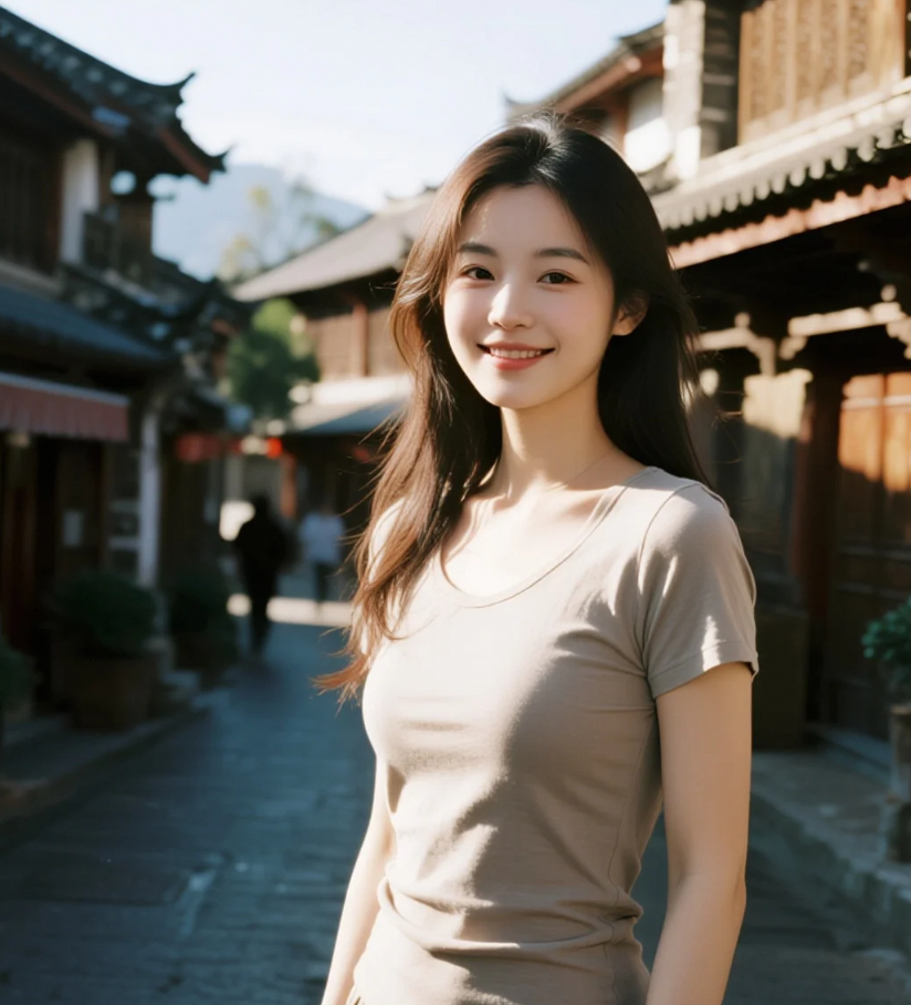 她站在大理古街的屋檐下，笑得像风一样自由