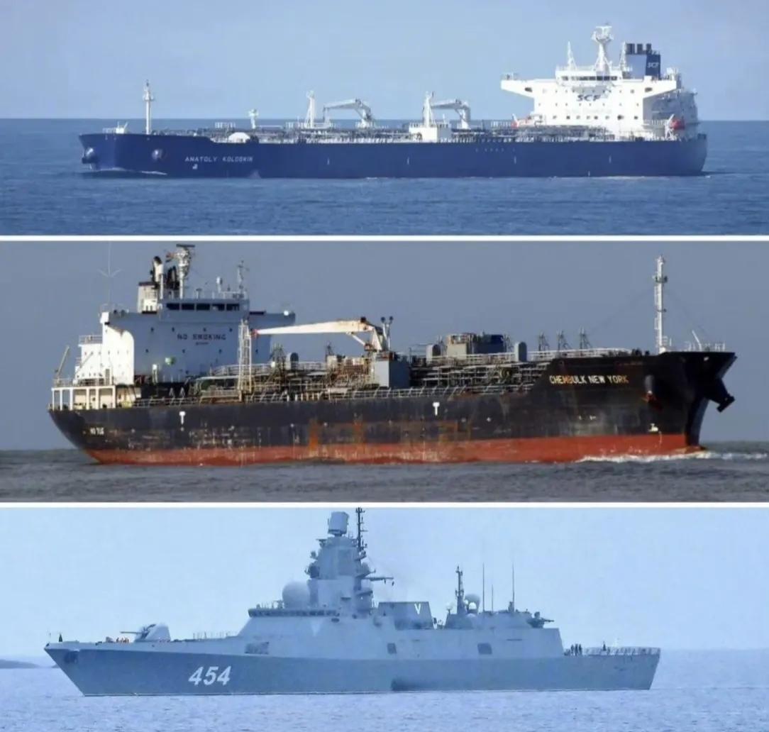 俄罗斯海军轻型护卫舰“索奥布拉齐捷利内”号护送“阿纳托利·科洛德金”号油轮（载