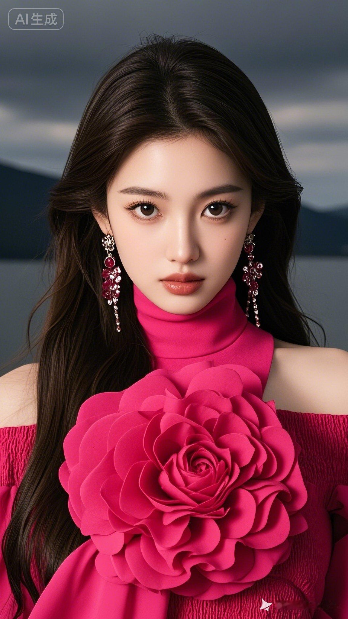 惊艳的粉色玫瑰与优雅黑发，AI生成的完美女神！