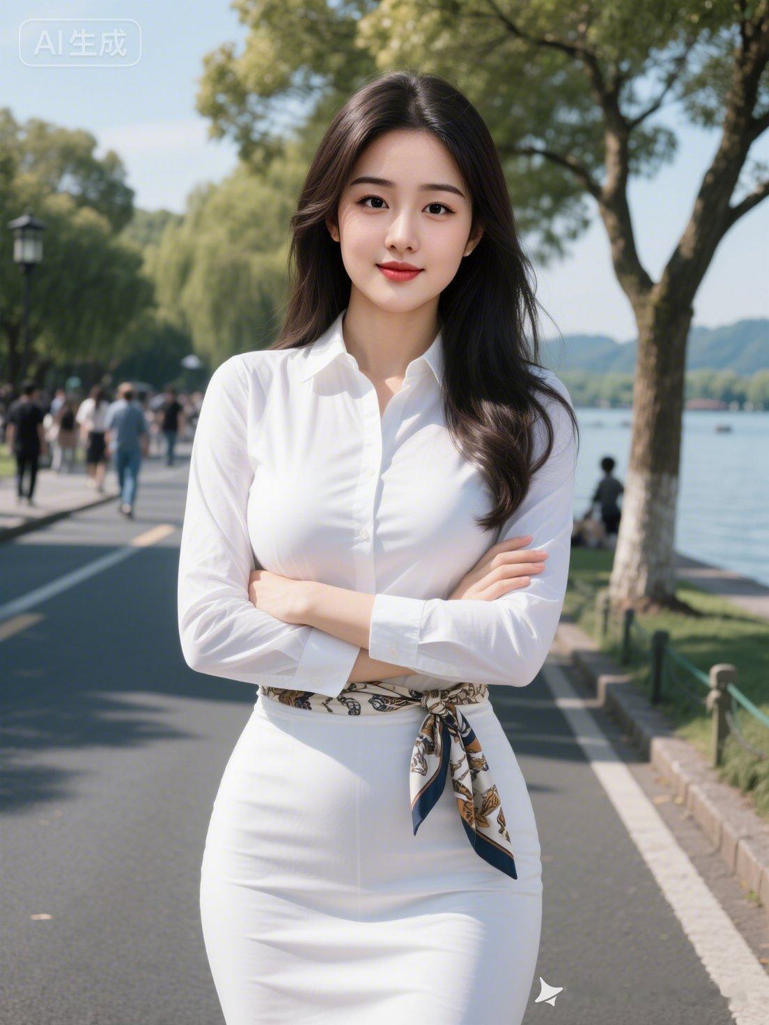 阳光明媚的午后，白裙少女漫步在湖畔，尽显优雅与自信。