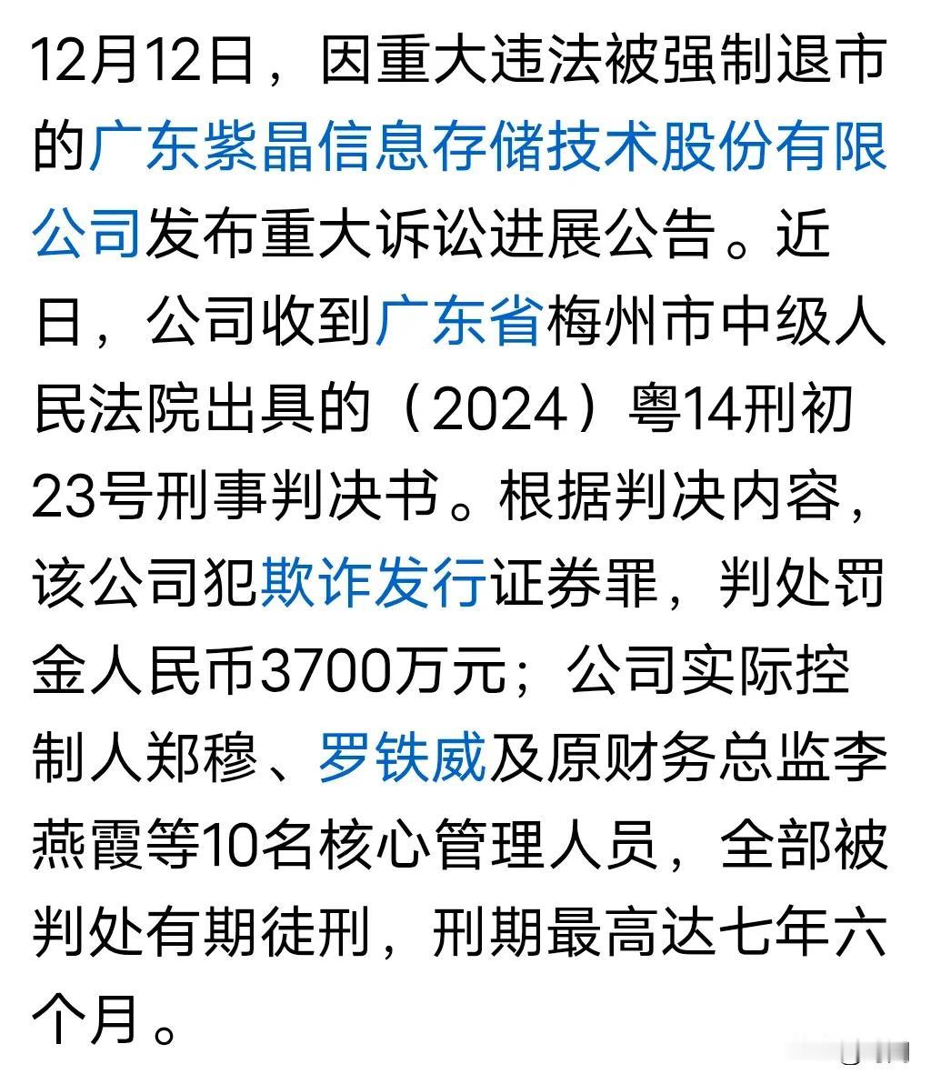 财务造假IPO被判刑第一股，科创板企业紫晶存储10多名高管被罚款并判刑。文书显示