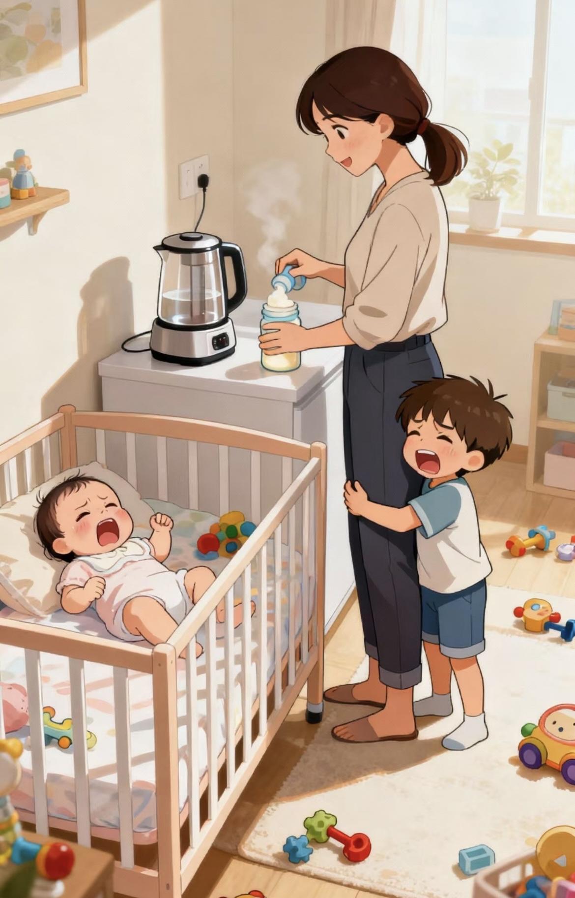 “带俩娃的一天：冲奶被薅头发，做饭绑后背，夜里连喘口气都怕吵醒娃早上七点的