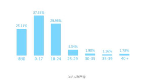 在人群画像方面,0到17岁的用户是 b 站用户的绝对主流,接下来是18到