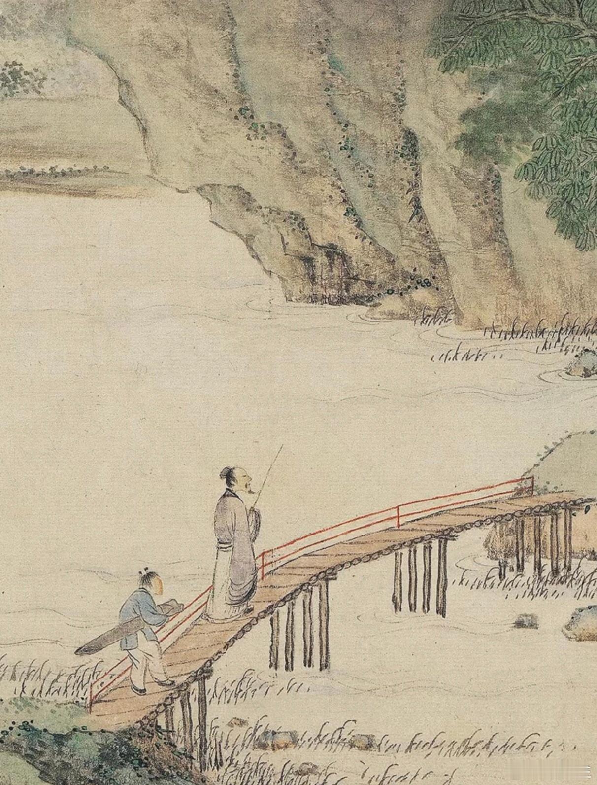 在很多古画里都有一现象：栏杆只有一边？个人认为：在人烟稀疏的山林溪涧，小桥多为农