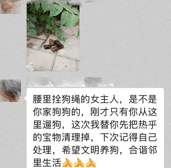 小区里有养狗遛狗的，就有邻居踩狗屎的帮铲狗屎的，业主群里就天天有人晒门前或者路上
