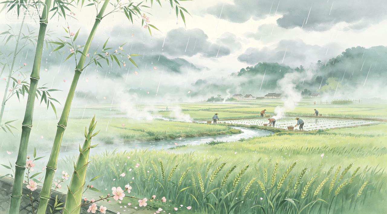 《探春令·谷雨》珠乡小女溪云初润，野烟微暖，谷雨催时节。正庭前、新笋抽青节