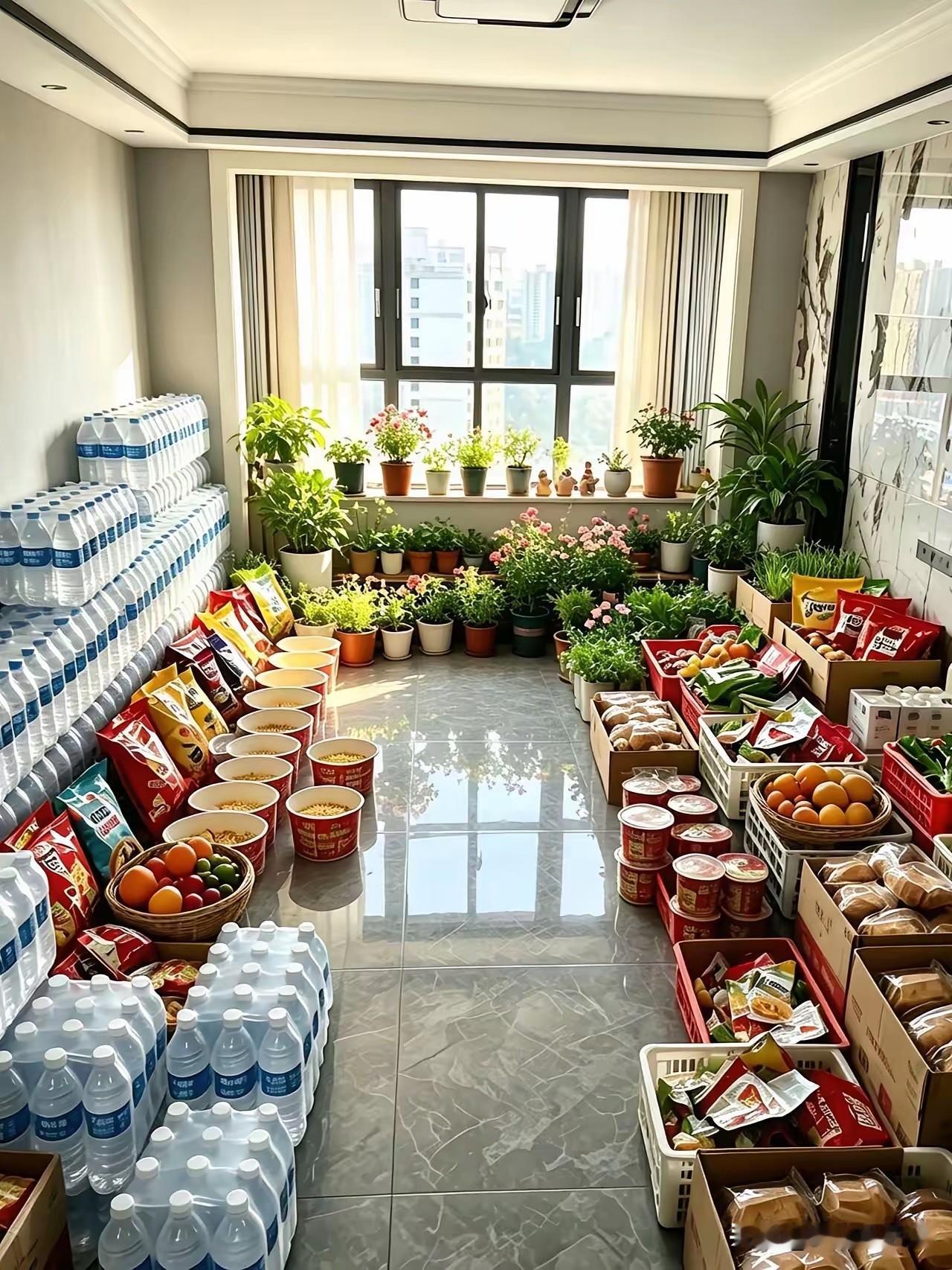 台风天气备这么多食物，现在退货又退不掉，不知道这家人后悔了没有[捂脸哭]